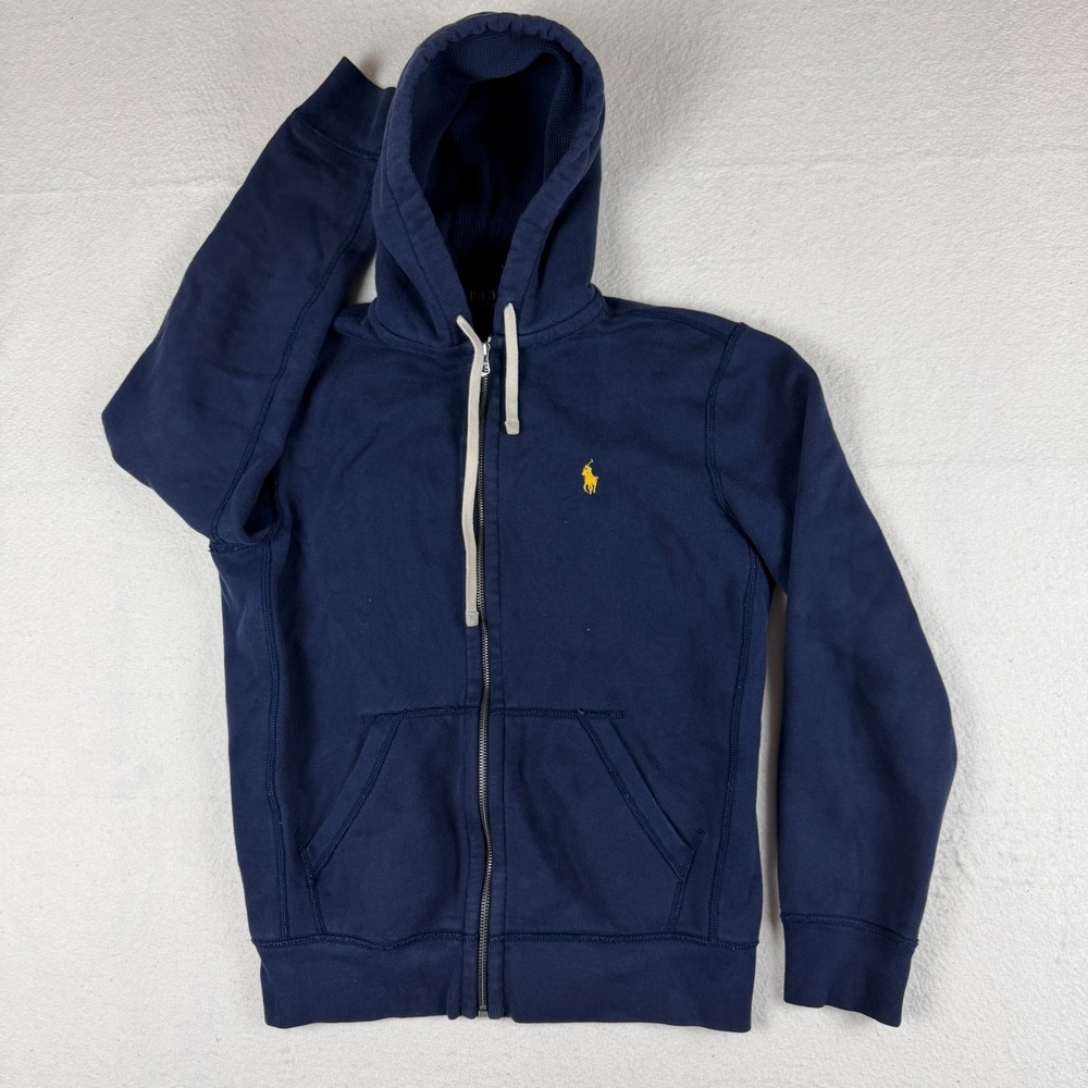 Polo Ralph Lauren Mens Small Navy Blue Full Zip Hoodie Yellow Pony Logo Fleece - Picture 2 of 10